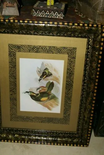 25,5"X 20,5” 1948 GOULD  TOUCANET  BIRD FOLIO LITHOGRAPH FRAMED IN SIGNED DETAILED ARTIST HAND PAINTED FRAME AND 2 MATS TO ENHANCE THE ART WITHIN GORGEOUS DFPN88 DESIGNER WALL ART DÉCOR