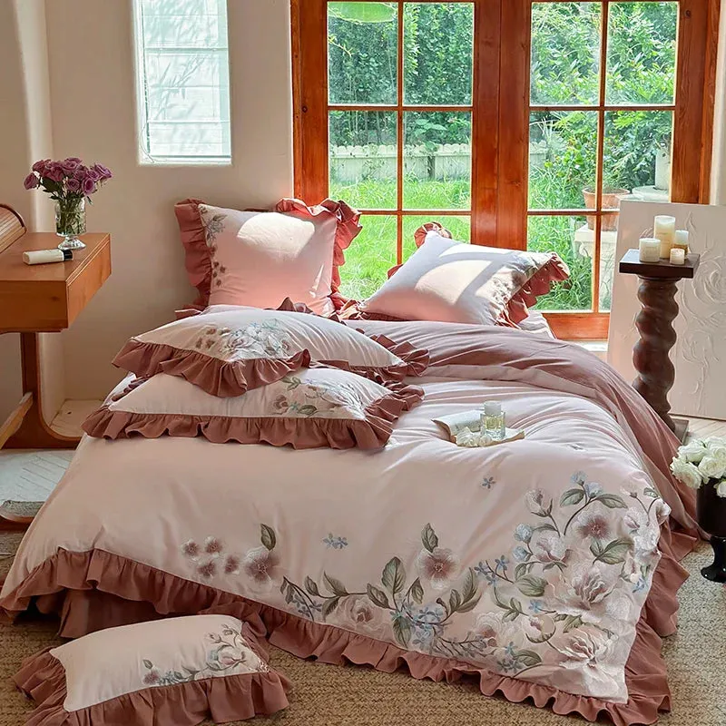 Flytonn-4Pcs Luxury Flowers Embroidery Ruffles Princess Bedding Set 1000TC Egyptian Cotton Brushed Duvet Coves Set Bed Sheet Pillowcases