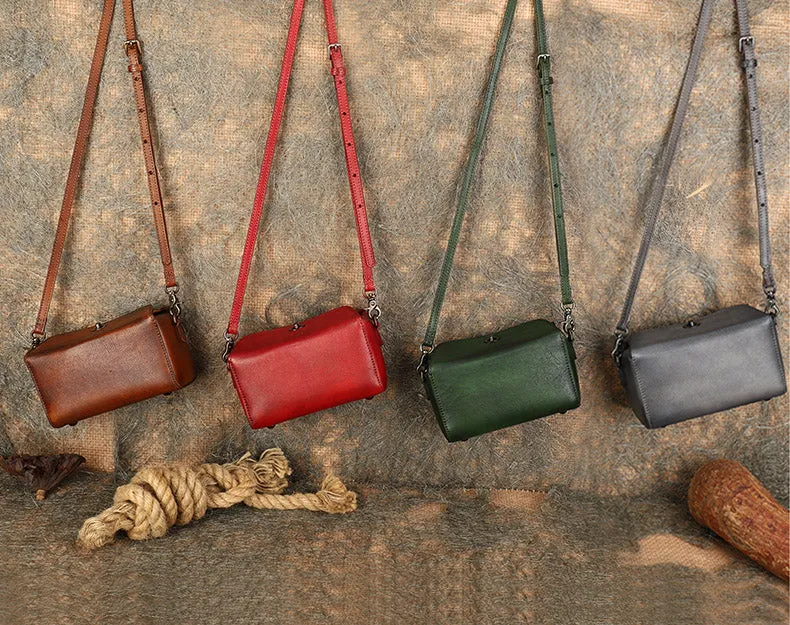 Womens Small Boxy Leather Crossbody Purse Leather Shoulder Bag For Women